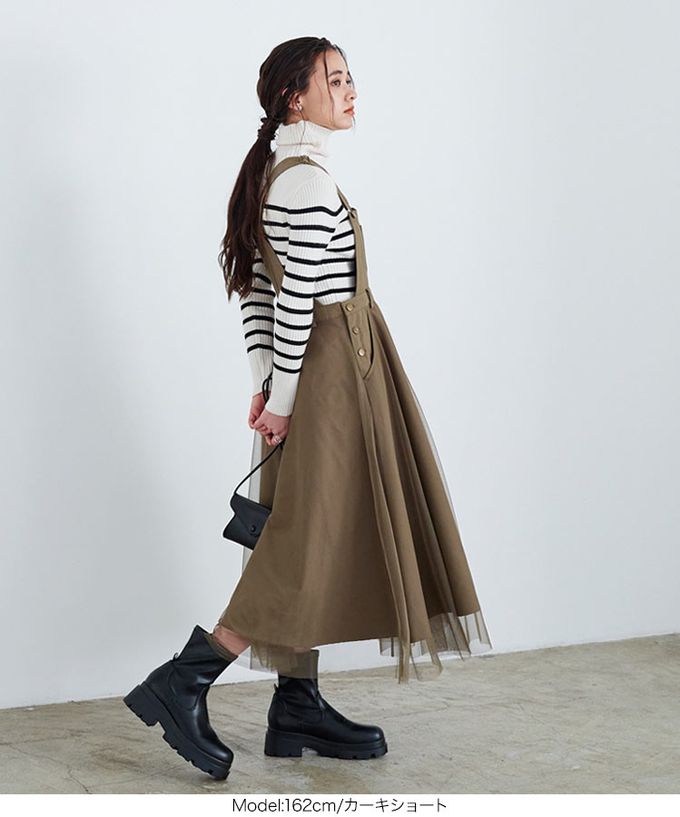 日本 Kobe Lettuce - 工裝風薄紗拼接牛仔吊帶洋裝-米杏