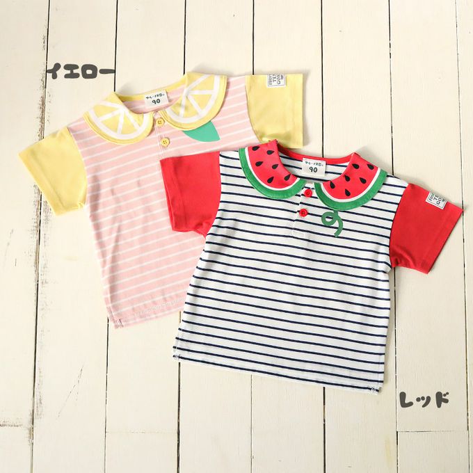 日本 ZOOLAND - 水果造型領天竺棉短袖上衣-檸檬條紋-粉紅x白