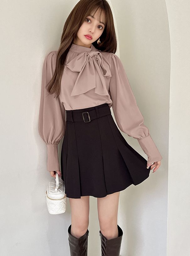 日本 GRL - 華麗側紐結澎澎袖上衣-櫻花粉