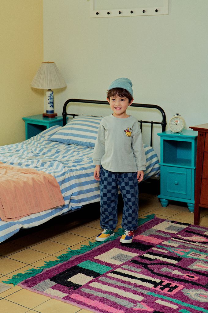 韓國 First Blue - 鴨舌帽笑臉印長袖上衣-灰綠