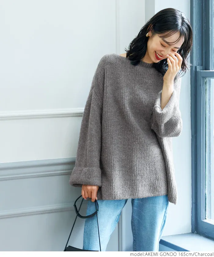 日本 COCA - ふあふあ 船型領柔軟寬鬆毛衣-炭灰