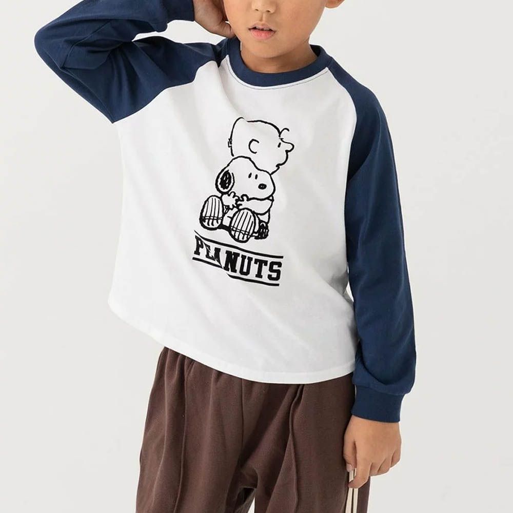 限定聯名 縮口印花長袖上衣-卡通人物SNOOPY--白X海軍藍