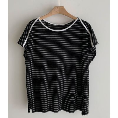 韓國女裝連線 - 輕薄修飾蓋袖條紋上衣-黑 (FREE)