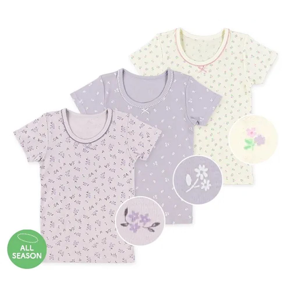 純棉 舒適內搭短袖上衣(3件組)-滿版小花-薰衣草