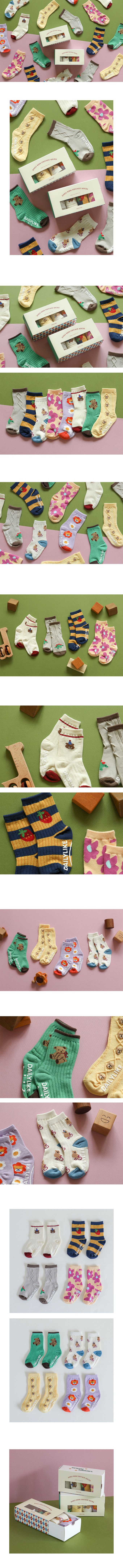 韓國 Daily Like - 兒童襪子/中筒襪4入組-熊熊麻花捲04