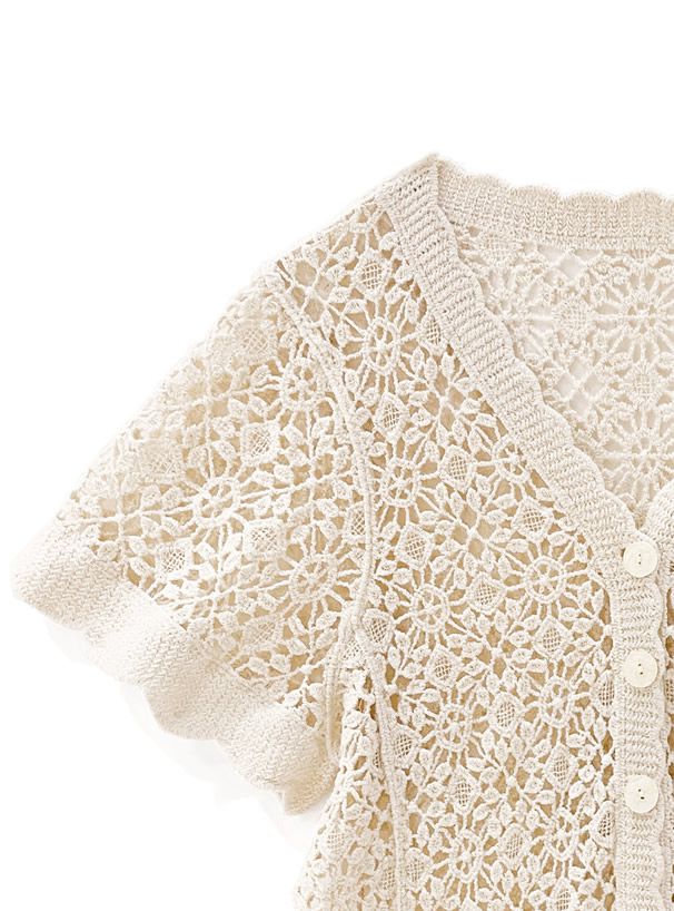 日本 GRL - 花朵鉤針V領薄外套-米杏