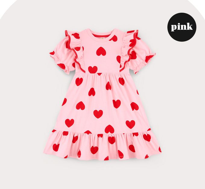韓國 HEJMINI - 滿版愛心荷葉邊拼接洋裝-粉
