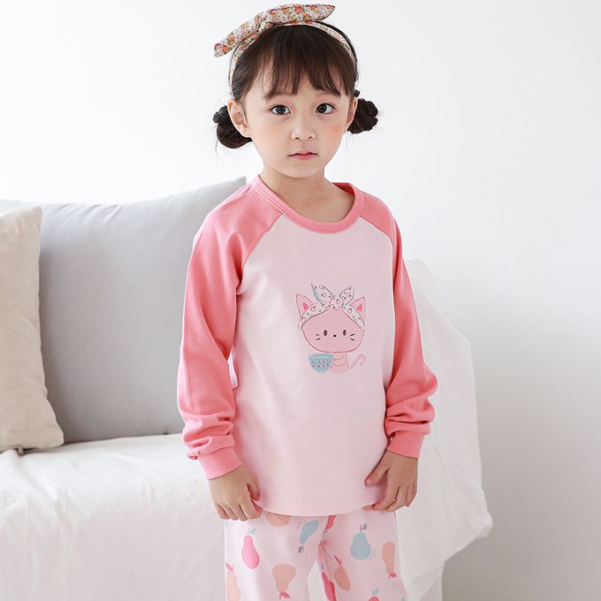正韓 Cogibu - 極舒適無螢光劑 100% 有機棉(雙面)幼兒/兒童長袖睡衣/家居服套裝組-梨子貓