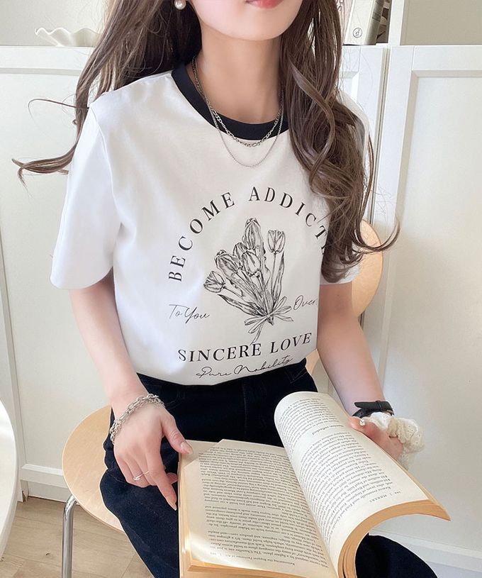 日本 Classical Elf - 法式休閒花束滾邊短袖上衣-白x水藍