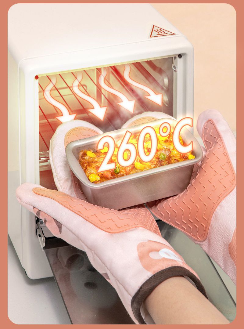 防燙手卡通矽膠拼接隔熱手套-橘粉色-左手