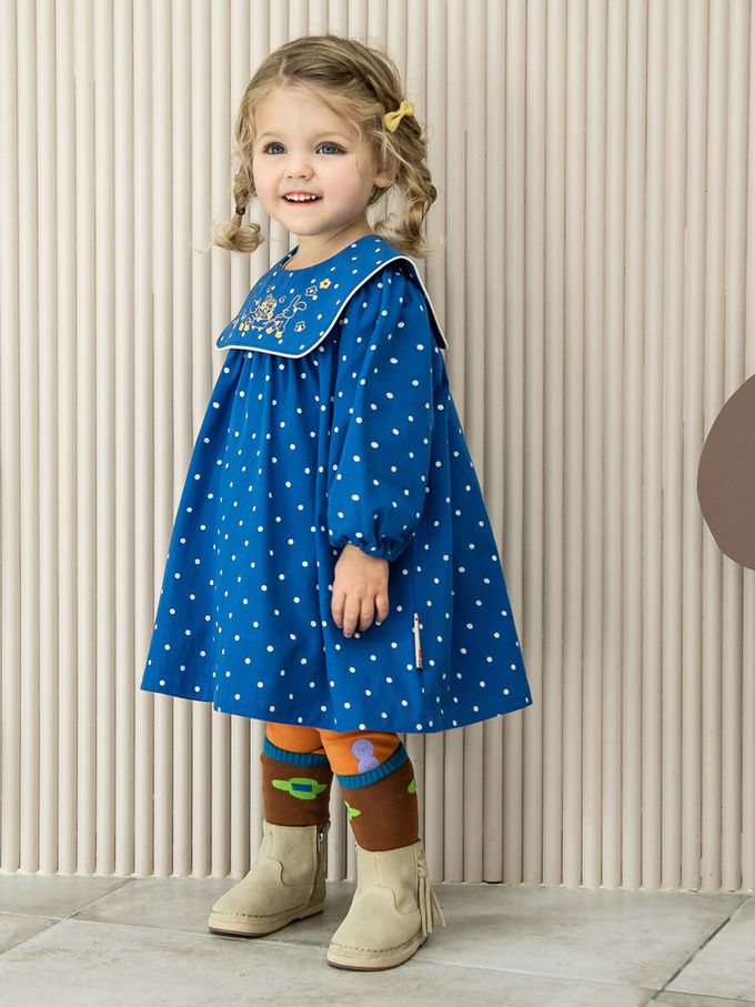 韓國 Pimpollo - 滿版圓點方形翻領連身洋裝-寶藍