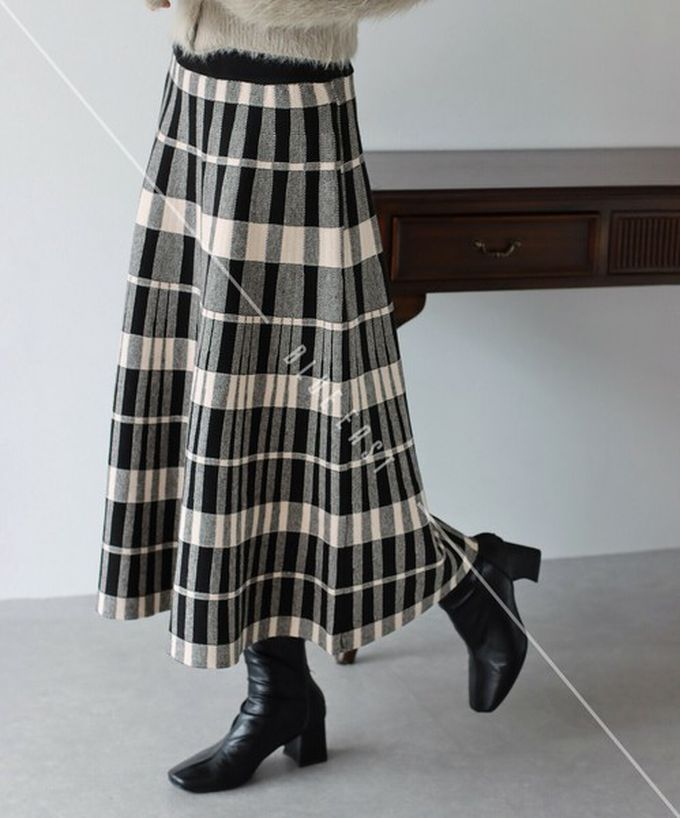 日本 BLUE EAST - 氣質女伶全腰鬆緊皺摺長裙-格紋-咖啡 (M)