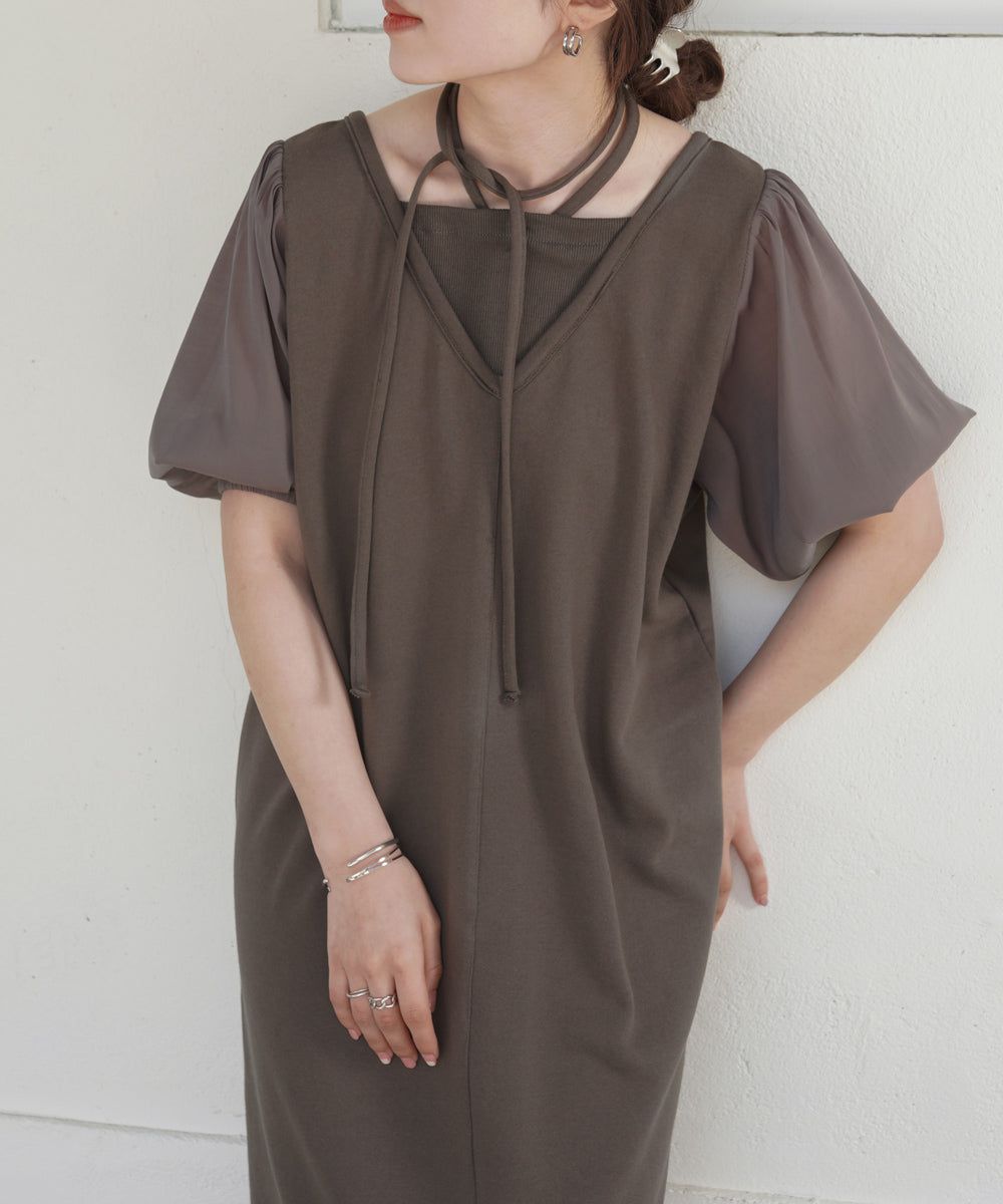 日本 Bab - 優雅綁帶V領泡泡袖洋裝-淺摩卡