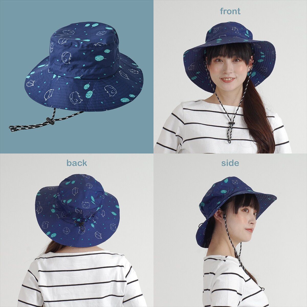 日本 nifty colors - 可折疊輕量抗UV防潑水遮陽帽(頭圍可調)-刺蝟小森林-深藍 (F(頭圍56~59cm))