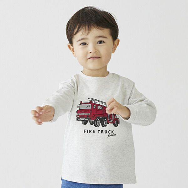 日本 petit main - 男孩俏皮長袖上衣-消防車-雜灰