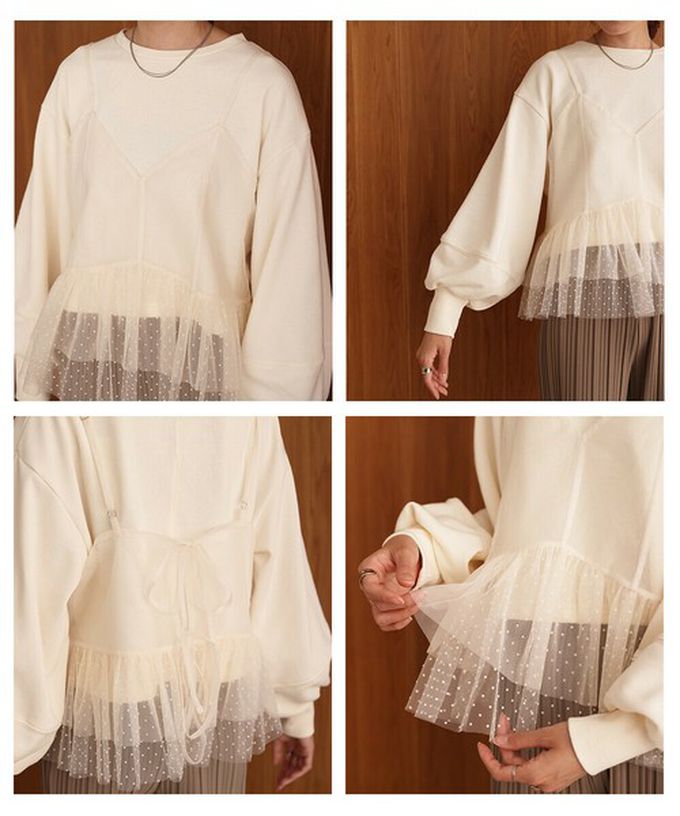 日本 Bab - 浪漫層次吊帶+裏毛上衣(2件組)-圓點薄紗-淺杏