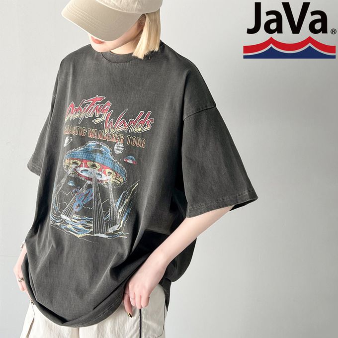 日本 Classical Elf - JAVA 刷色感酷帥印花寬版T恤-炭灰-摩天大樓