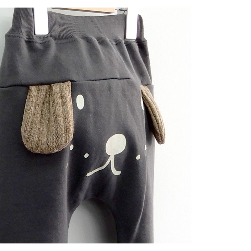 日本 ZOOLAND - 印花拼接長褲(裏毛)-狗狗耳朵-深灰