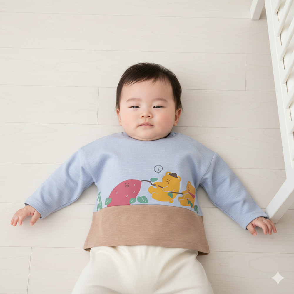 長袖T恤-拼接-藍色