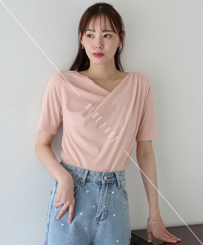 日本 BLUE EAST - 美型羅紋皺摺V領短袖上衣-酒紅