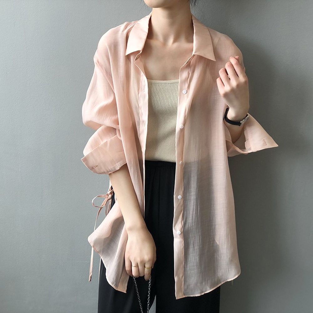 透膚感薄長袖襯衫-側開衩綁帶-桃粉色