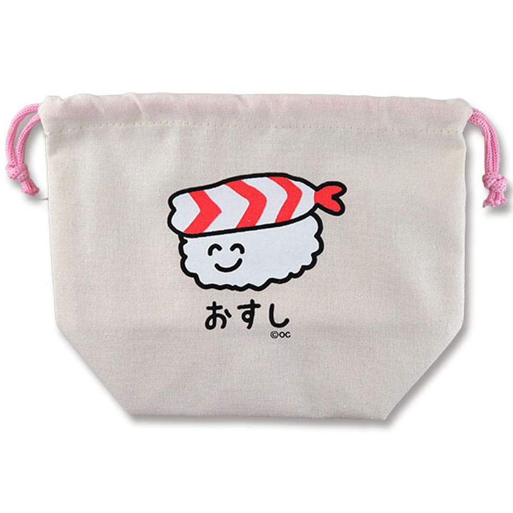 日本 OKUTANI - 童趣插畫純棉收納束口袋-蝦握壽司-粉 (21x17x9cm)