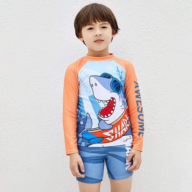 男寶童趣卡通圖長袖泳衣套裝(三件組)-墨鏡鯊魚-灰藍+橘-泳帽、泳衣、泳褲