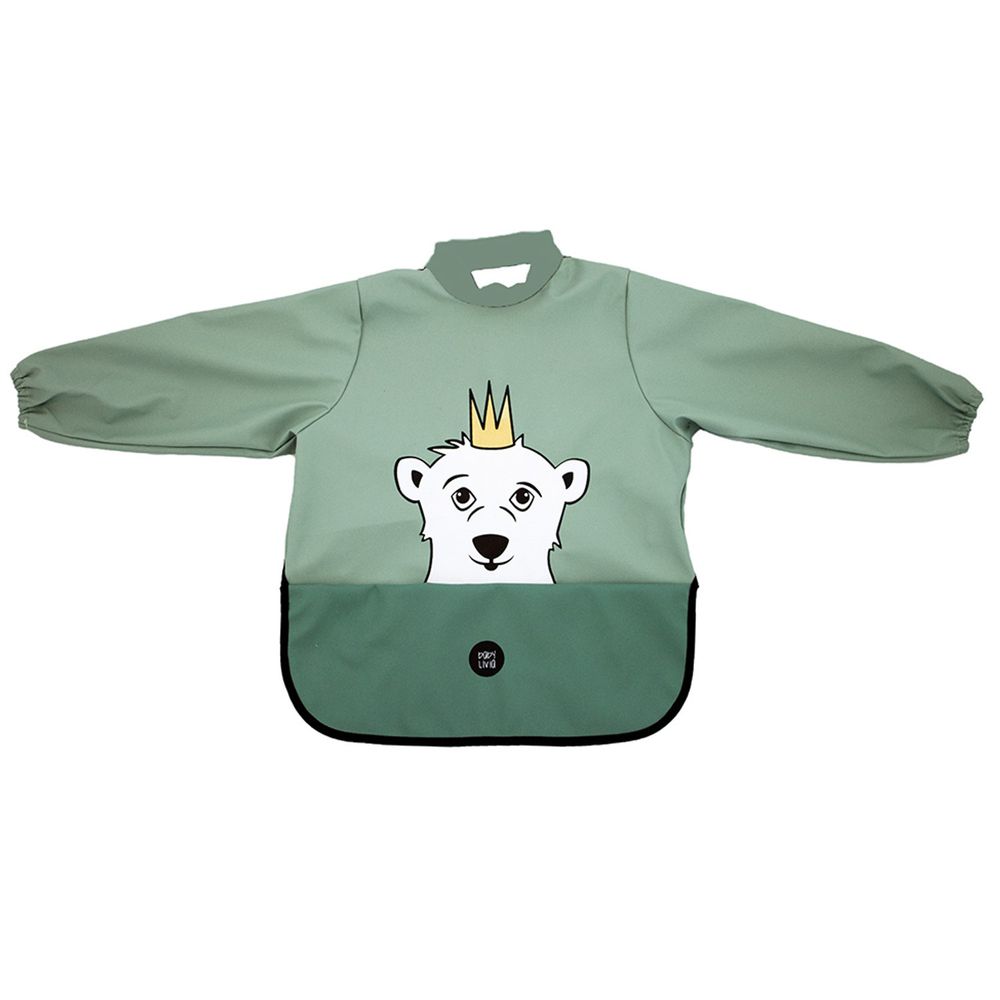 Babylivia - 長袖防水口袋圍兜-北極熊-海綠色