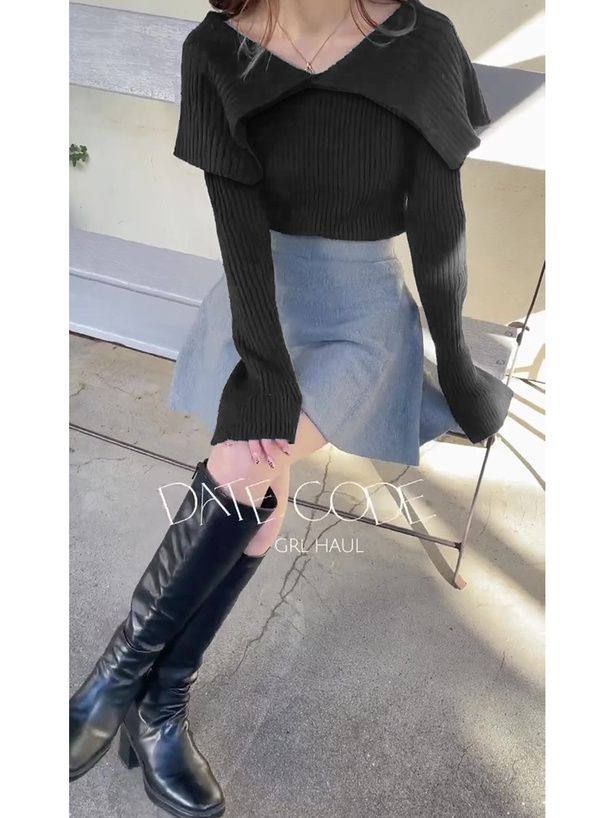 日本 GRL - 大翻領羅紋彈性薄針織上衣-奶茶 (F)