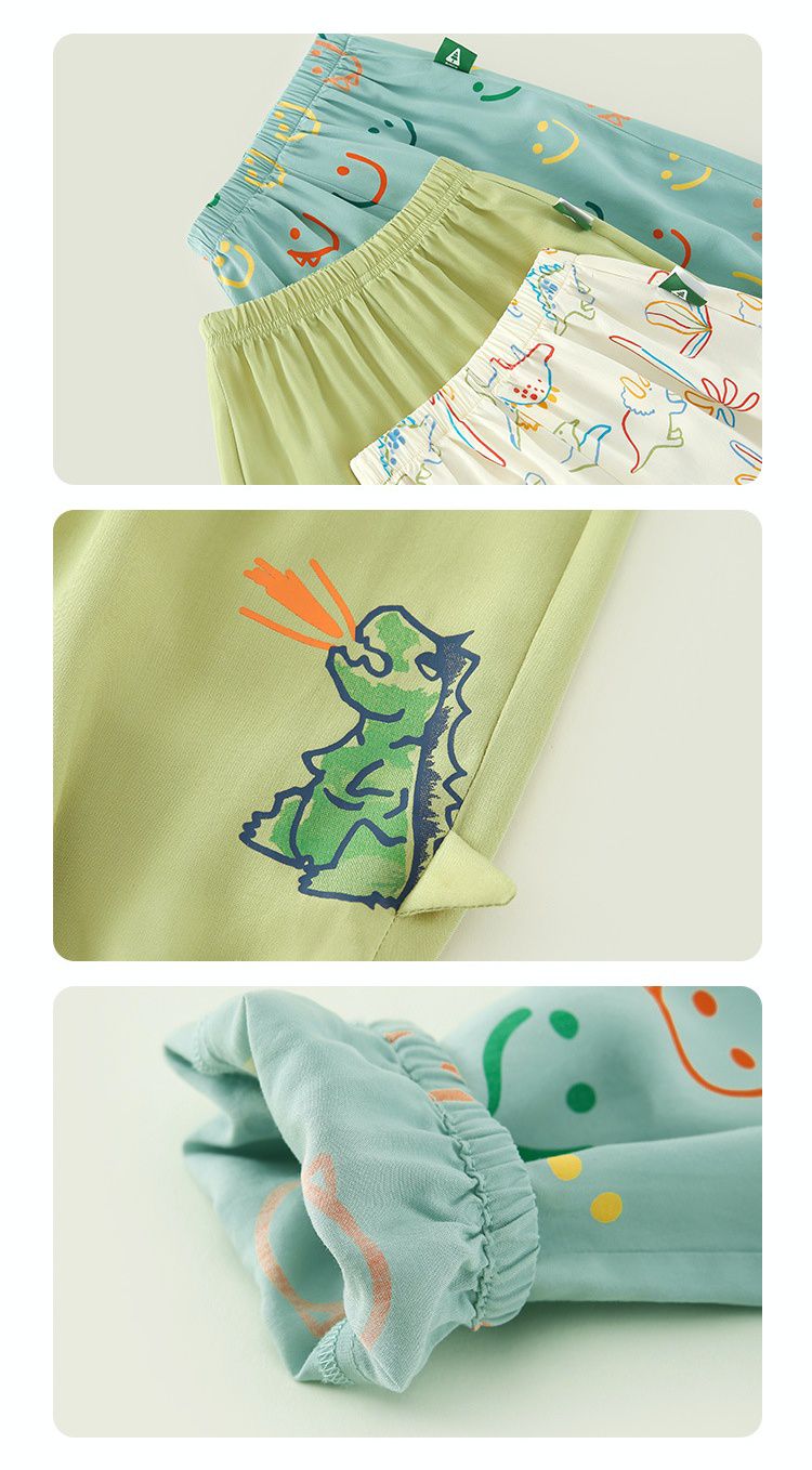 天絲棉腰鬆緊休閒防蚊褲/長褲-怒吼小恐龍-綠色