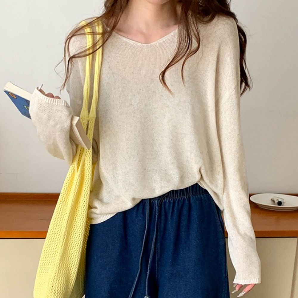 慵懶微寬鬆天絲亞麻長袖針織上衣-燕麥 (F)