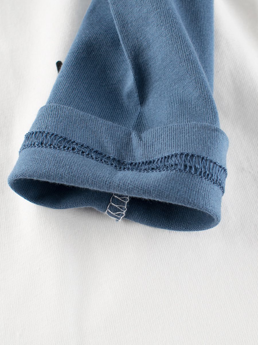 純棉圓領假兩件薄長袖上衣-滑板車恐龍-米白+藍