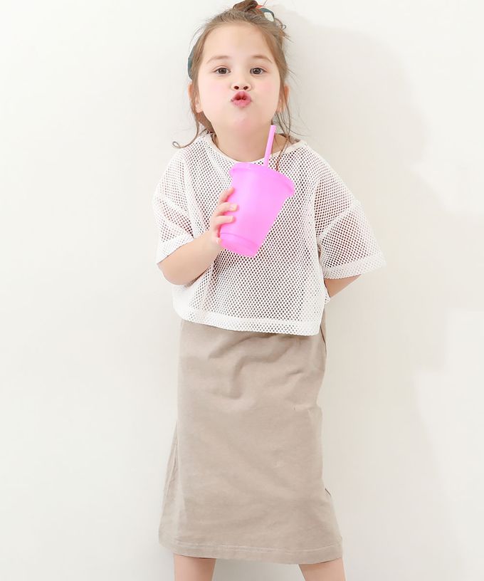 日本 devirock - 時尚女孩網格上衣+素色背心裙二件組-冰河藍