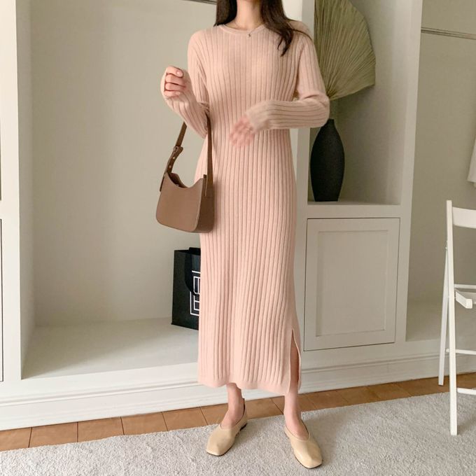 韓國女裝連線 - 喀什米爾羊毛針織連身洋裝-淡粉 (FREE)