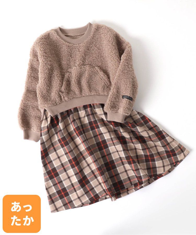 日本 BREEZE - 毛絨印花拼接長袖洋裝-黑x白斑點