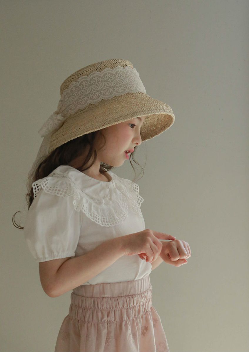韓國 PuellaFLO - 波浪花朵蕾絲蝴蝶結草帽 (3-7Y適用)