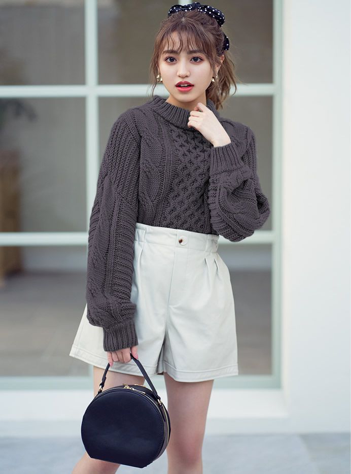 日本 GRL - 小高領麻花針織毛衣-杏