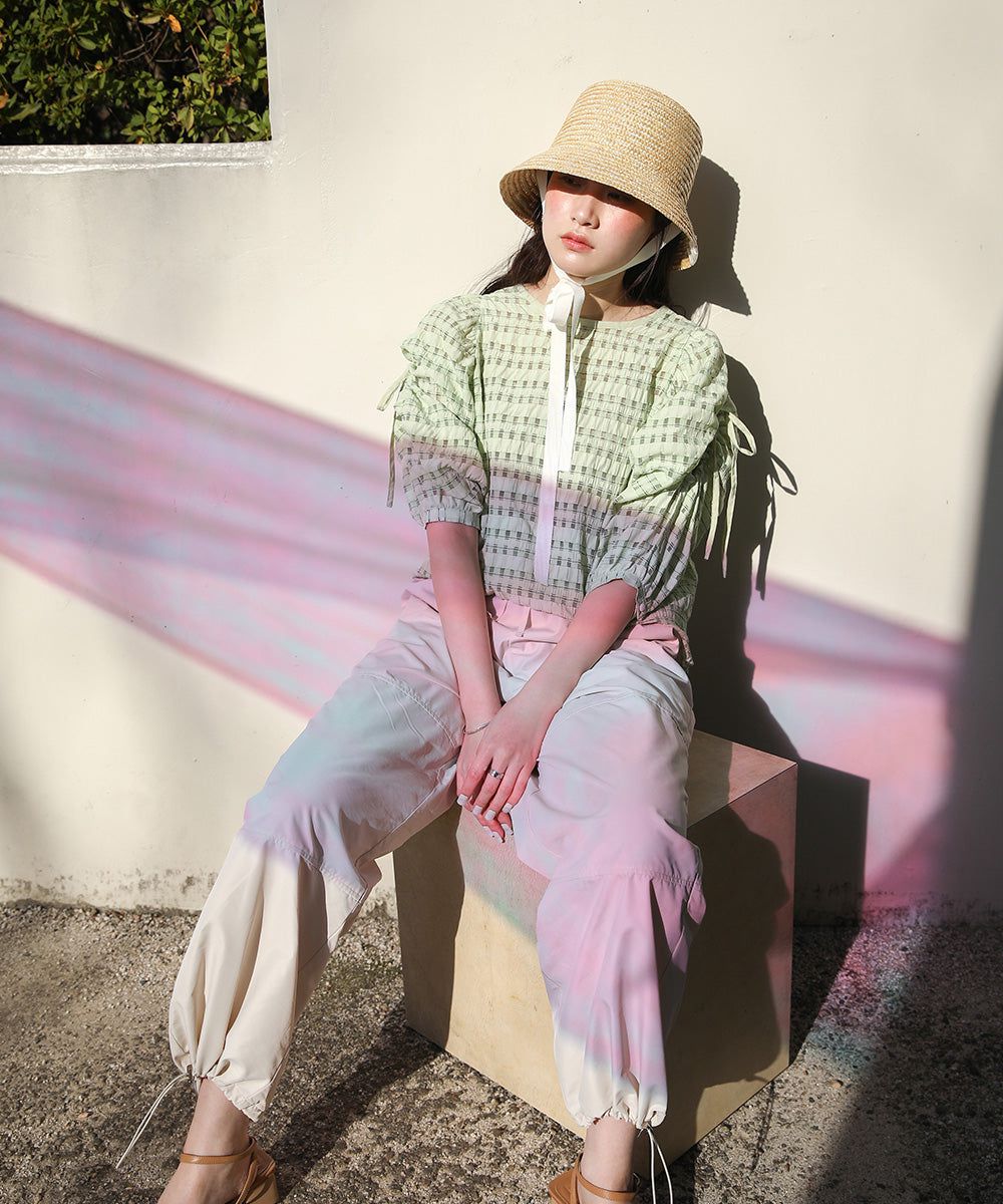 日本 Bab - 甜美格紋抽繩澎澎袖上衣-米杏