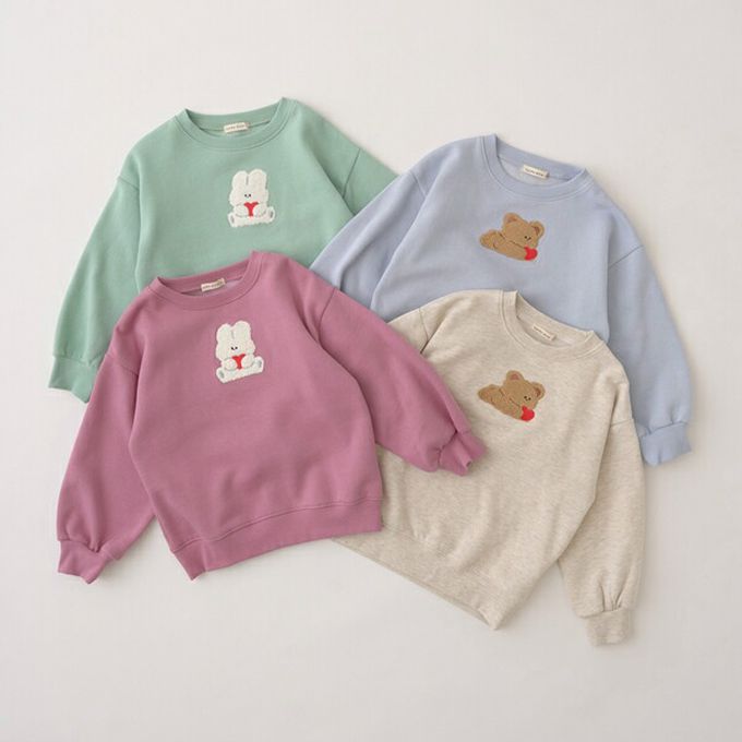 日本 Lycee mine - 可愛相良刺繡裏起毛長袖上衣-愛心小熊-米白