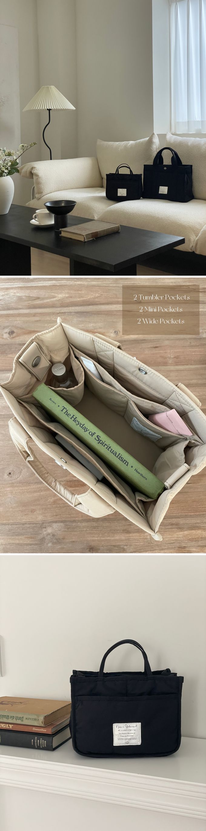 韓國 THEALLY - 尼龍手提/肩背兩用方形收納包-深卡其 (中)