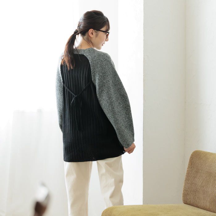 日本 ihuu - [熱銷款] 針織拼接後綁帶氣球袖毛衣-淺灰