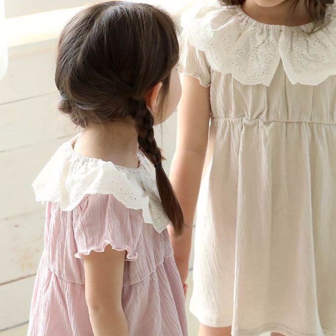 日本 ZOOLAND - 清爽楊柳 蕾絲領木耳短袖洋裝-粉紅