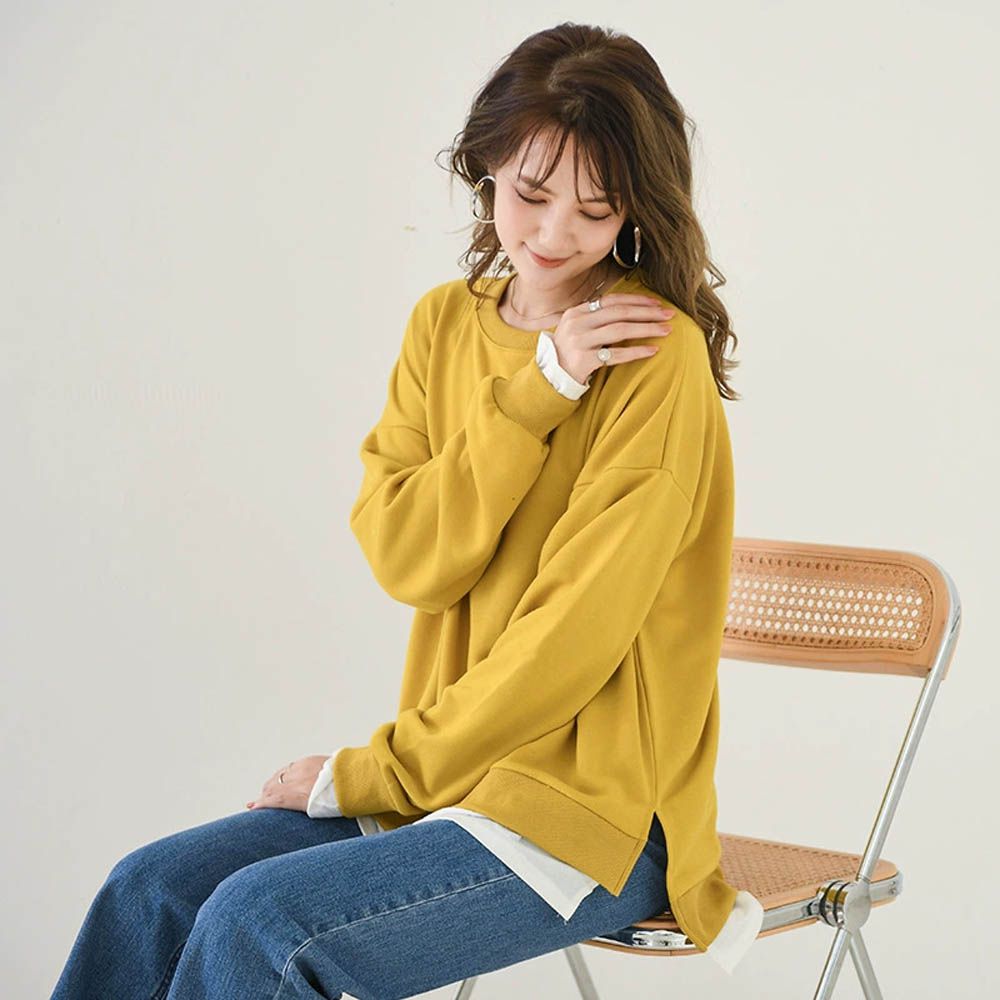 經典百搭假兩件長袖上衣-鵝黃色