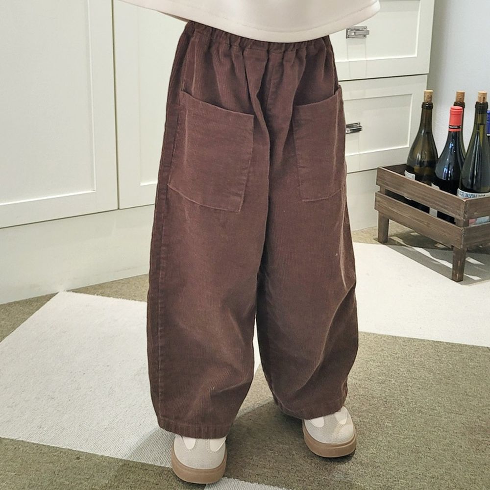 Peanuts House 鬆緊腰大口袋燈芯絨長褲-咖啡