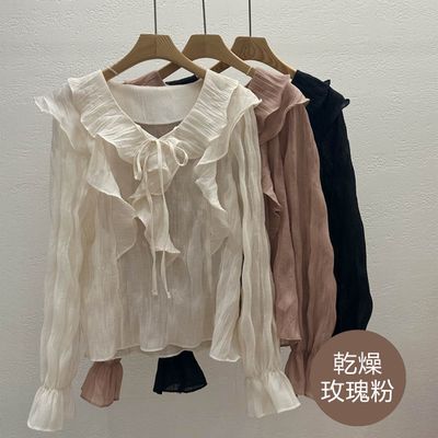 韓國女裝連線 - 迷人波浪荷葉翻領雪紡襯衫-乾燥玫瑰粉 (FREE)