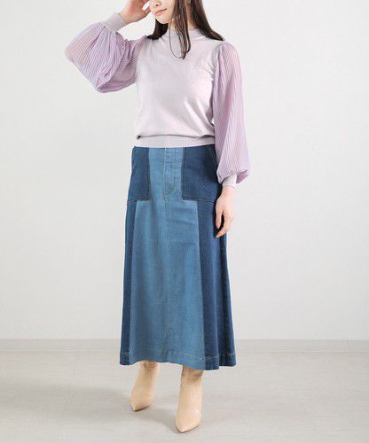 日本 Bou Jeloud - 異材質拼接百摺長袖上衣-萊姆黃