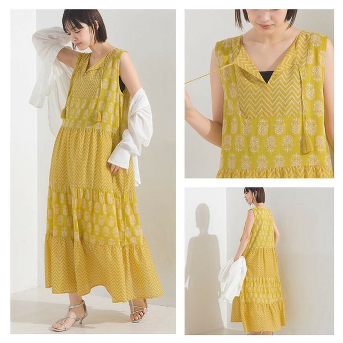 日本 OMNES - 100%印度棉 奢華印花流蘇無袖洋裝-寶藍