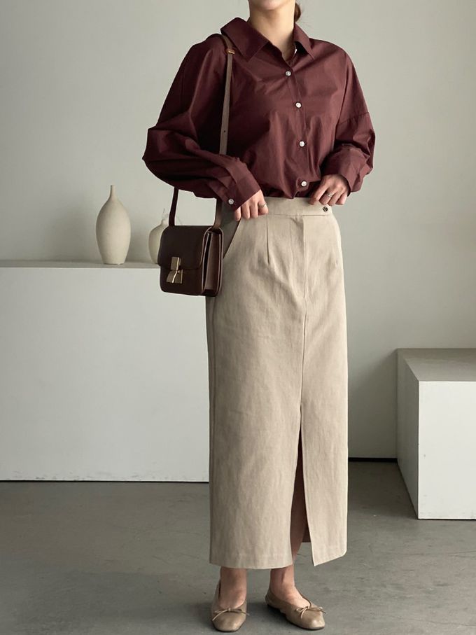 韓國女裝連線 - 知性背後抓褶翻領長袖襯衫-咖啡紅 (FREE)