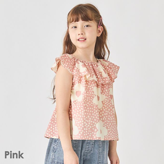 日本 evercloset - 100%棉 歐風荷葉領無袖背心-粉紅