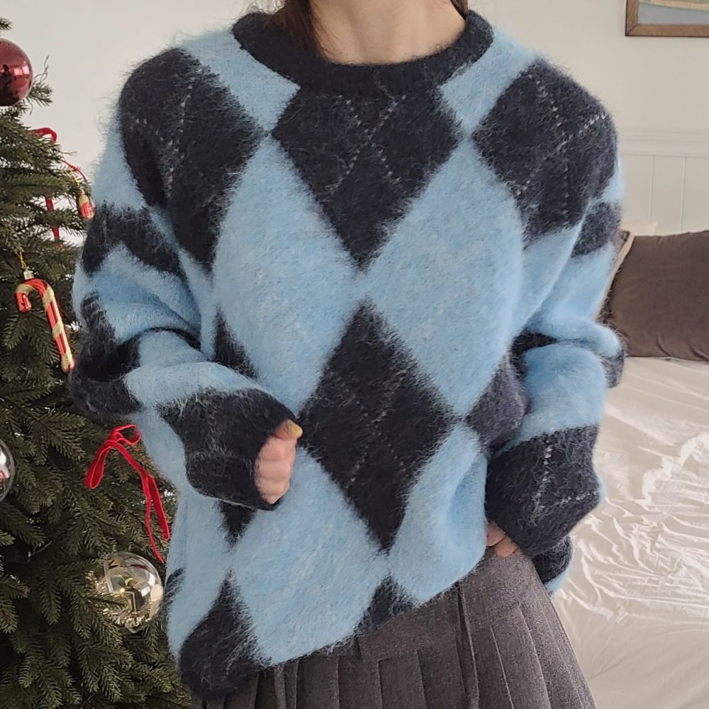 造型菱格紋路混羊毛針織上衣-天藍 (FREE)